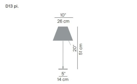 D13 Costanzina LED Tischleuchte von Luceplan mit Aluminiumgestell und weißem Lampenschirm, Maße.