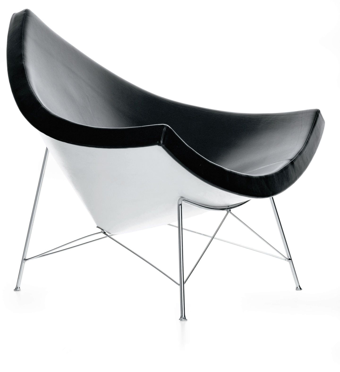 Vitra Coconut Chair in Schwarz-Weiß mit verchromtem Stahlgestell, moderner Sessel für Wohnzimmer und Büro.