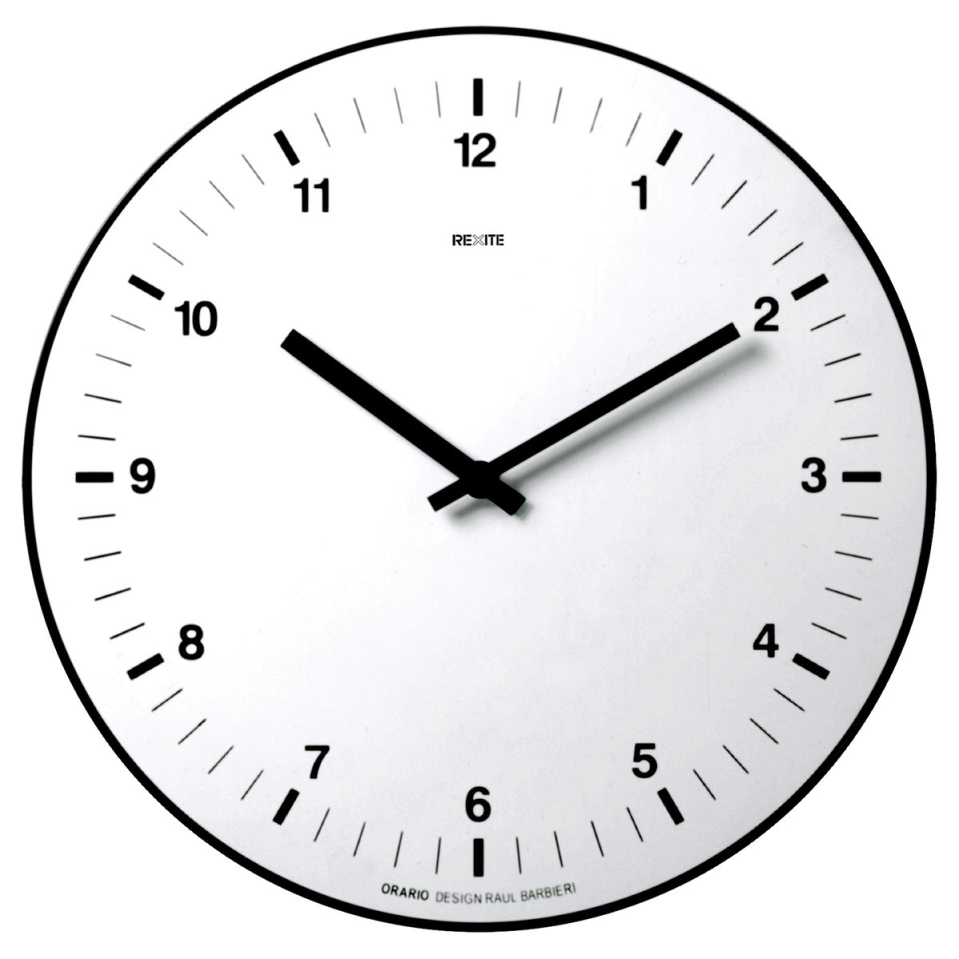 Orario Wanduhr von Rexite: Runde, minimalistische Design-Uhr aus Edelstahl, ohne Ziffern, mit schwarzen Zeigern.