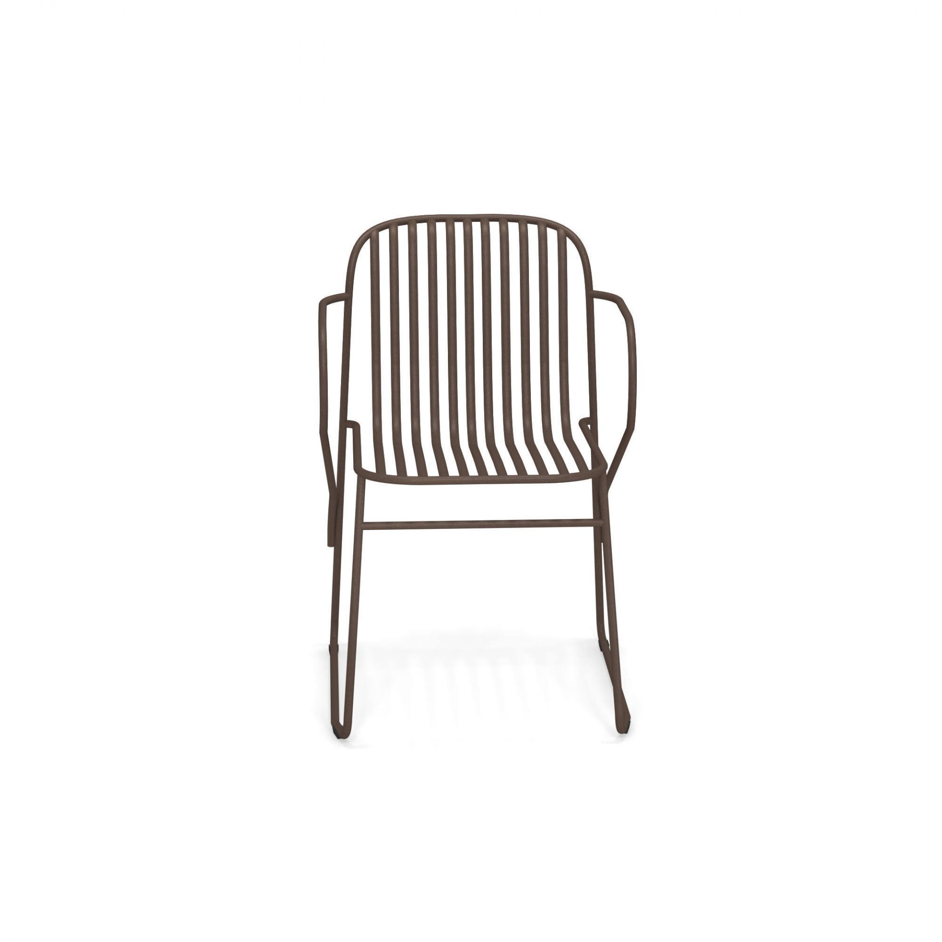 Riviera Armlehnstuhl von Emu, brauner Metallstuhl für Garten, Terrasse und Balkon, Frontansicht.