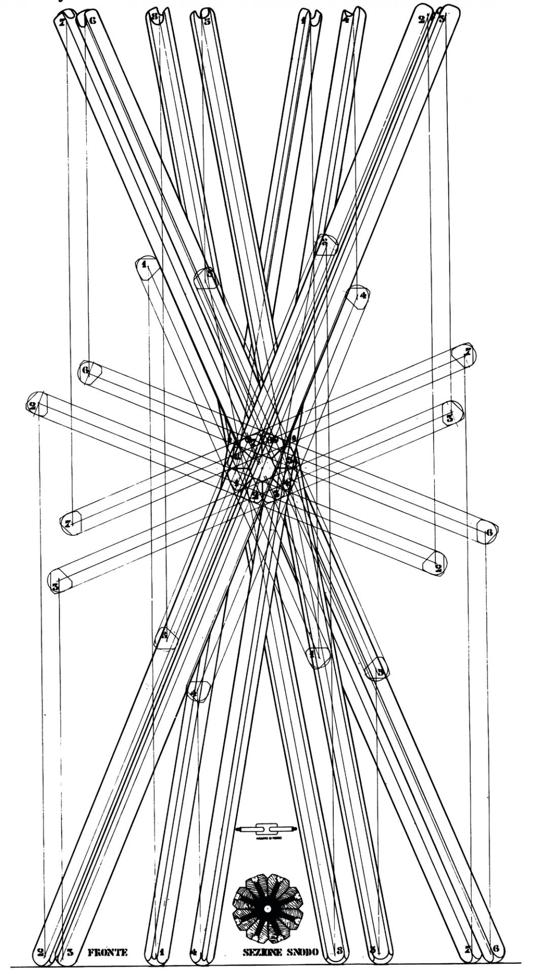 Schwarz-weiße Schemazeichnung des Sciangai Kleiderständers von Zanotta, ein Designklassiker für moderne Flure und Schlafzimmer.