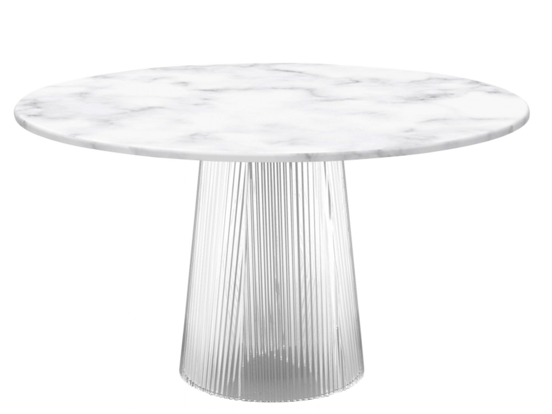 Weißer Bent Dining Table mit runder Marmorplatte und geriffeltem, transparentem Acrylfuß. Moderner Esstisch.