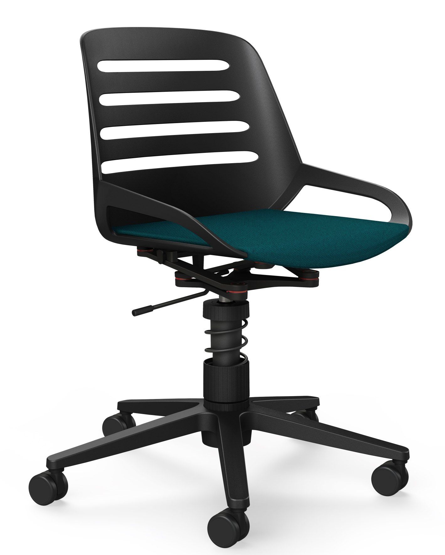 Numo Task Bürodrehstuhl von Aeris, ergonomischer Schreibtischstuhl mit Rollen und Federbein, schwarzes Gestell, türkiser Sitz.