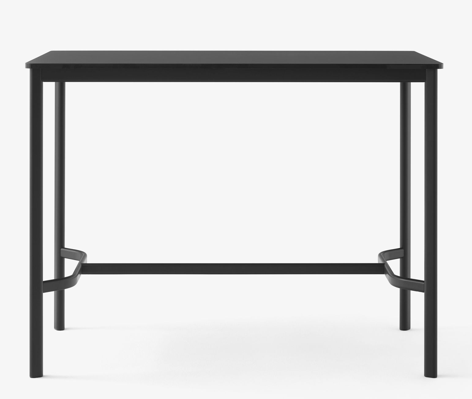 Schwarzer AndTradition Drip High Table Stehtisch mit minimalistischem Design und Fußstütze für moderne Büros und Gastronomie.