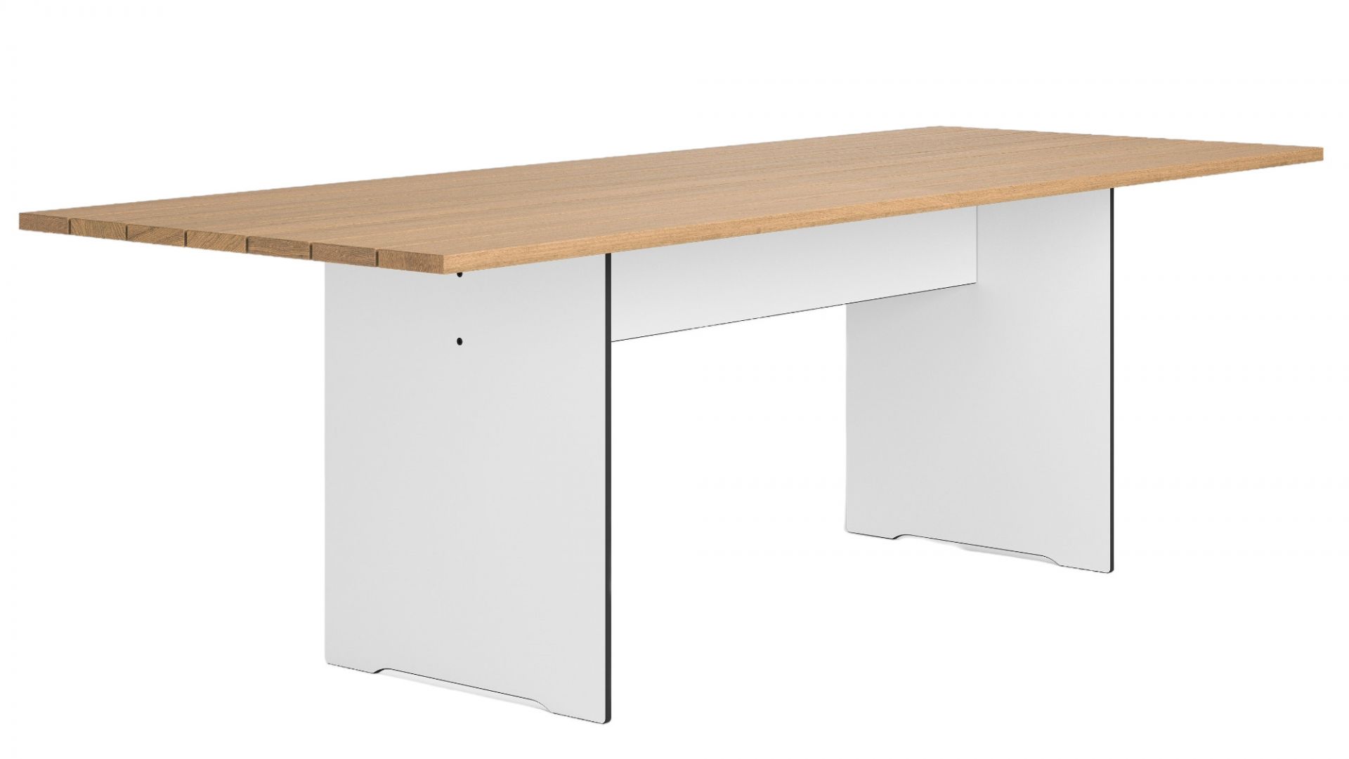 Riva Vario XL Outdoor Tisch von Conmoto mit Holzplatte und weißen Beinen.