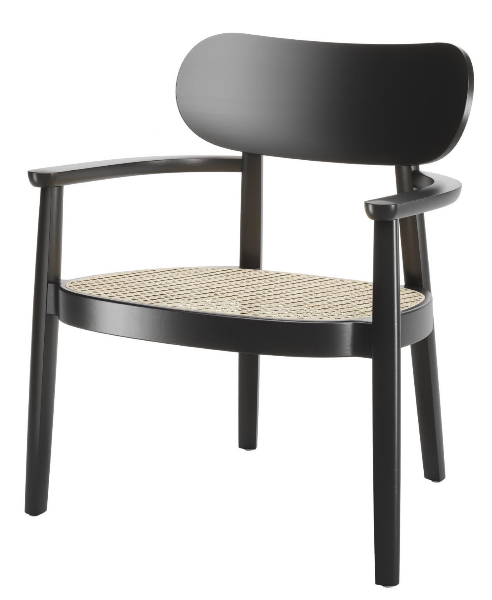 Schwarzer Holzsessel mit Armlehnen und Wiener Geflecht Sitzfläche, Modell 119 MF von Thonet, Frontansicht.