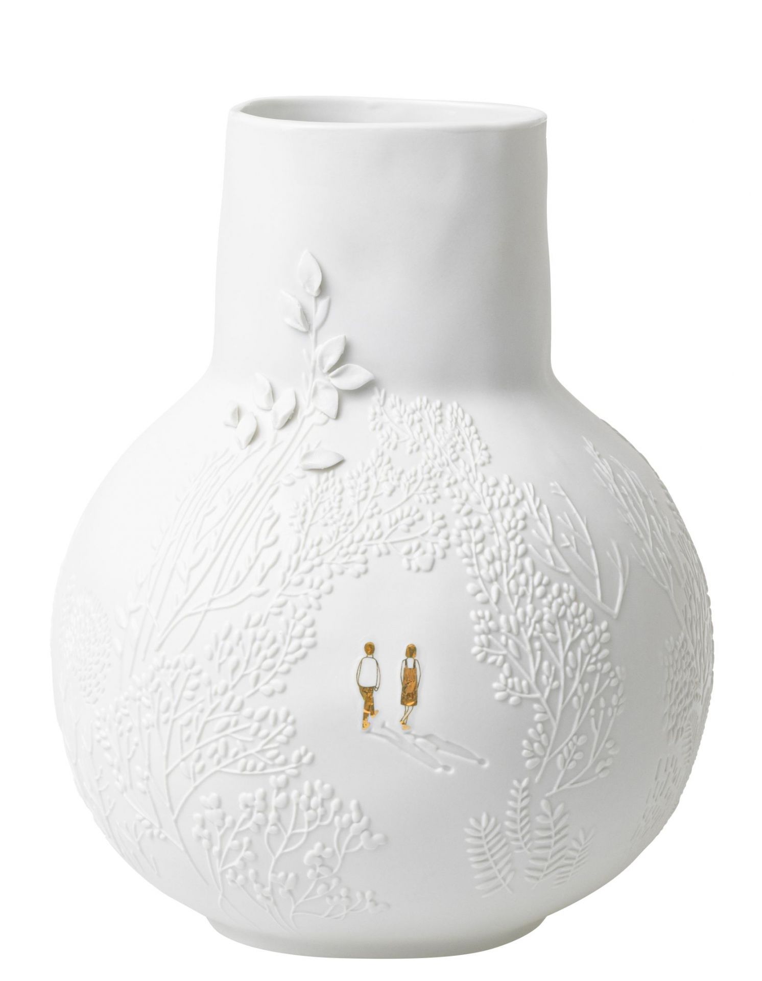 Weiße Räder Vase "Dankbare Wiese" mit filigranem Wiesen- und Figuren-Relief, elegante Blumenvase für Wohnaccessoires.