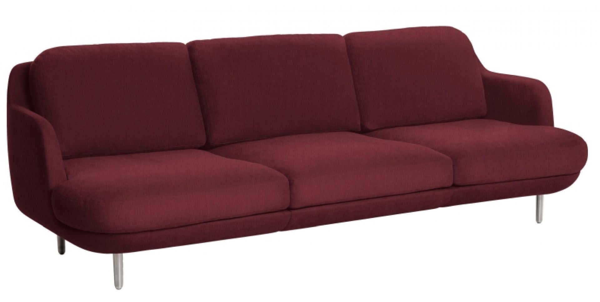 Burgunderrotes Lune Sofa von Fritz Hansen, ein modernes 3-Sitzer Sofa mit minimalistischem Design und Metallfüßen.