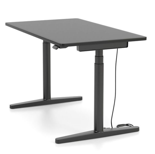 Grauer Tyde 2 Steh-/Sitztisch von Vitra, höhenverstellbarer Schreibtisch für ergonomisches Arbeiten im Homeoffice.