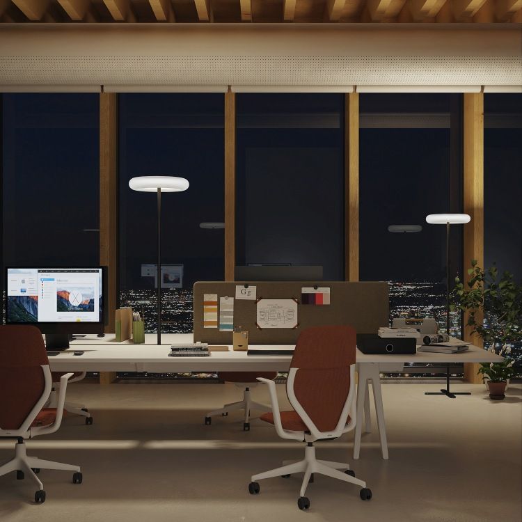 Büro mit Belux Oto Tischleuchte in Schwarz, 4000K, für optimale Arbeitsplatzbeleuchtung.