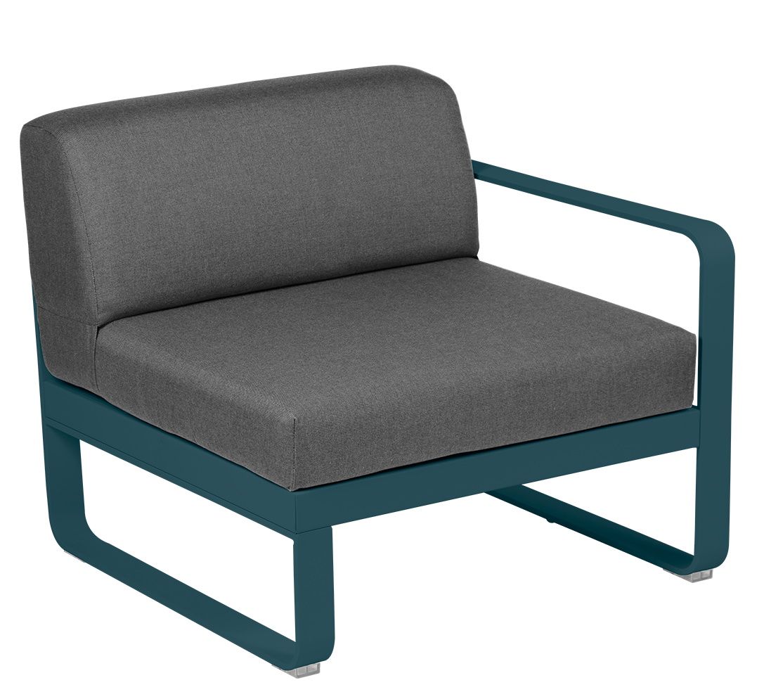 Bellevie Outdoor Sofa: Modulares 1-Sitzer Element rechts, graue Polsterung, türkisblaues Metallgestell, für Garten und Terrasse.