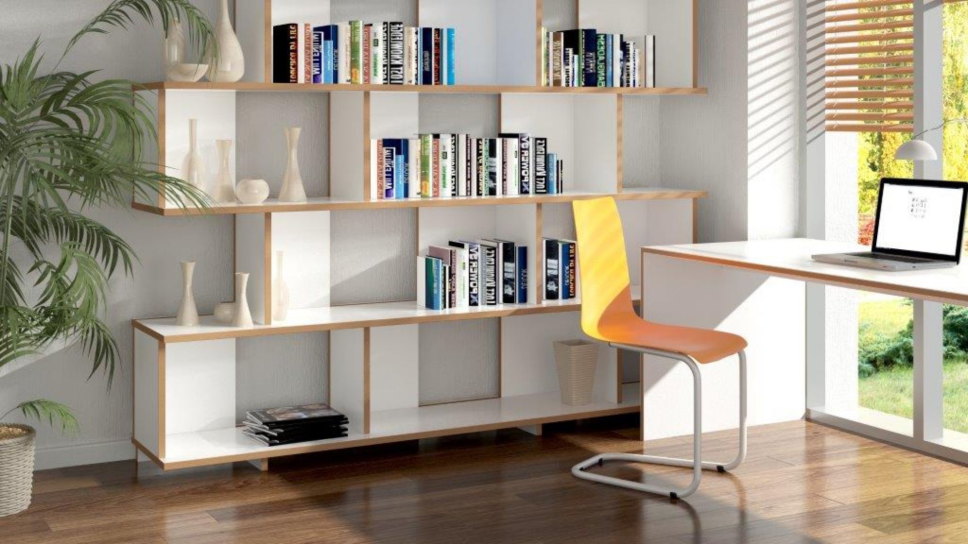 Gelber Tojo Stuhl vor Bücherregal und Schreibtisch in einem hellen, modernen Arbeitszimmer.
