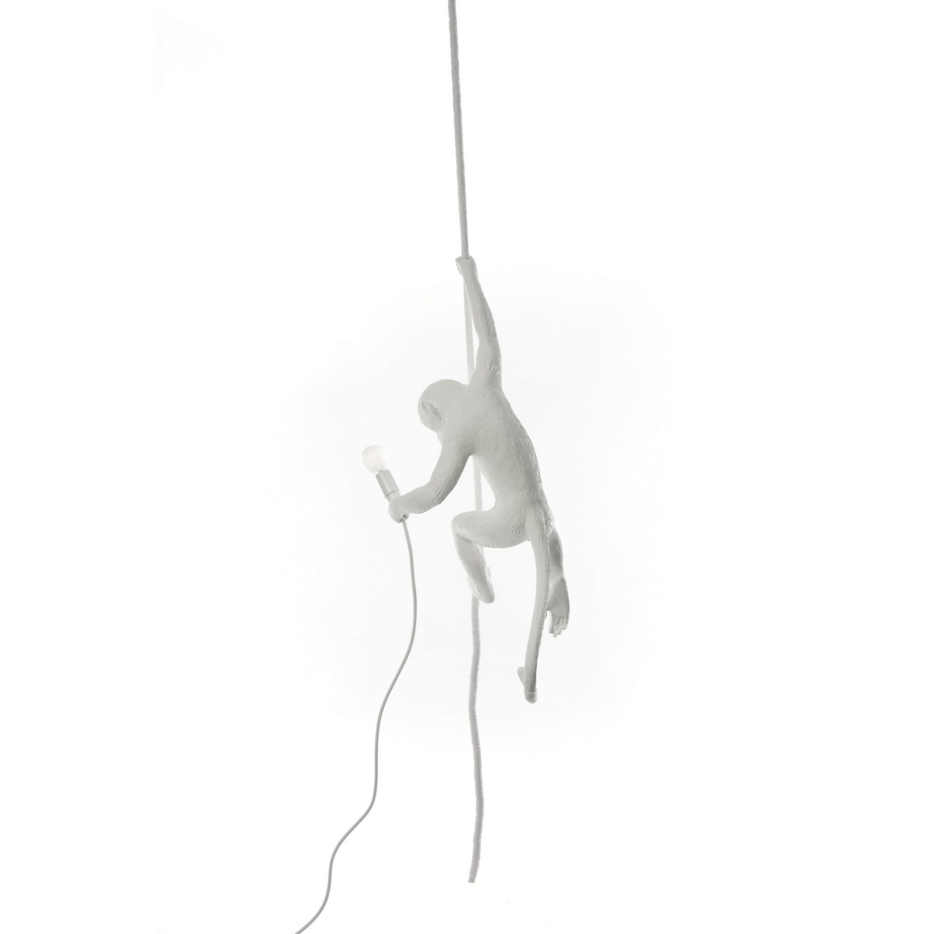 Weiße Monkey Lamp Pendelleuchte von Seletti: Affe klettert an einem Seil mit Glühbirne.