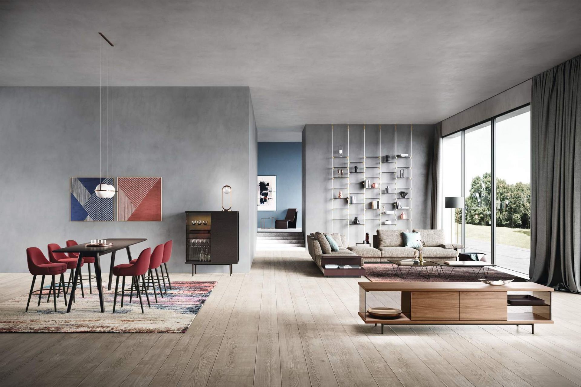 Wohnzimmer mit Legends of Carpets Teppich, Esstisch mit Stühlen und Sofa für stilvolles Wohnen.