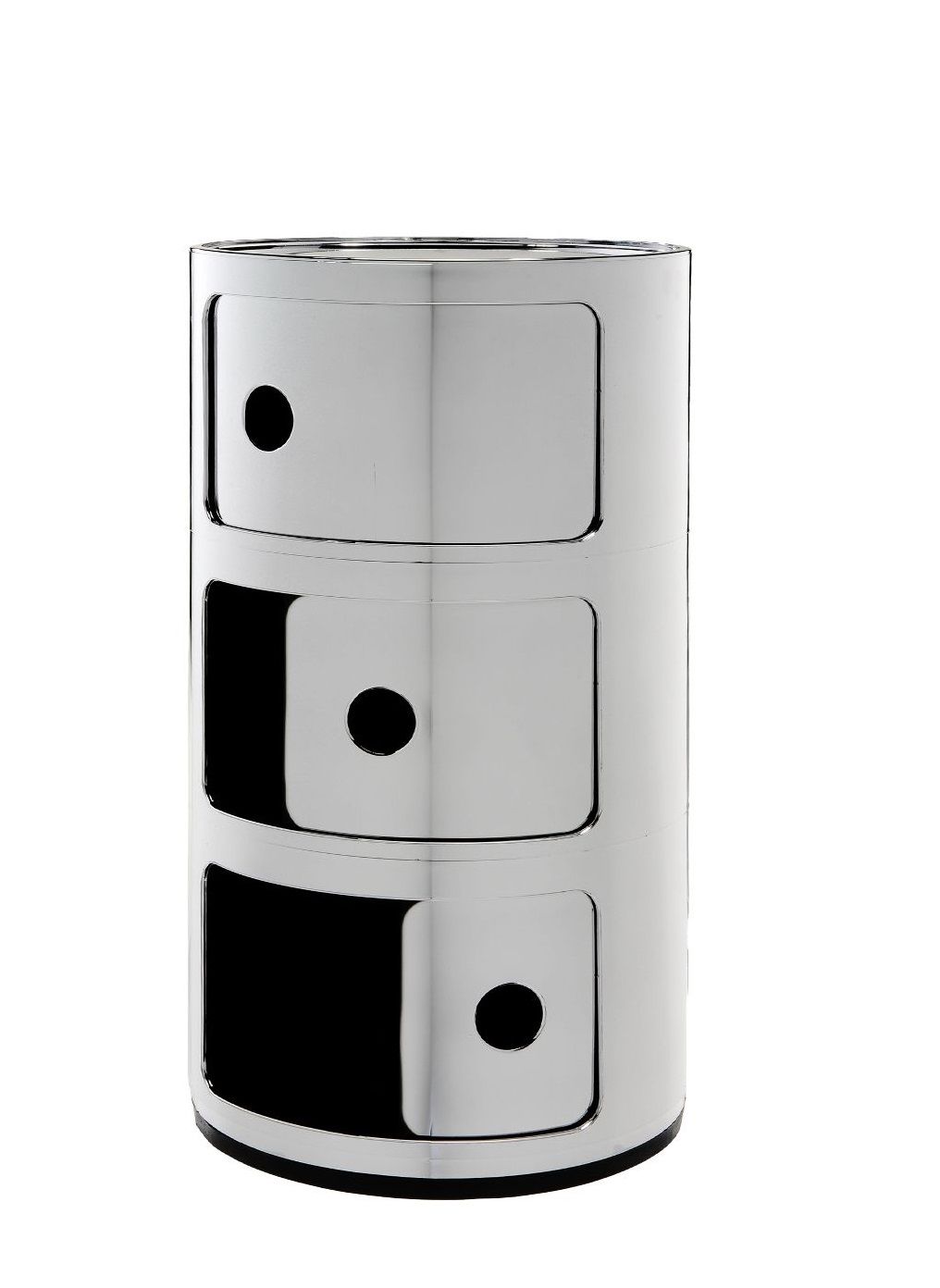 Componibili 3er Element von Kartell in Chrom-Optik: Moderner, runder Nachttisch mit drei Fächern.