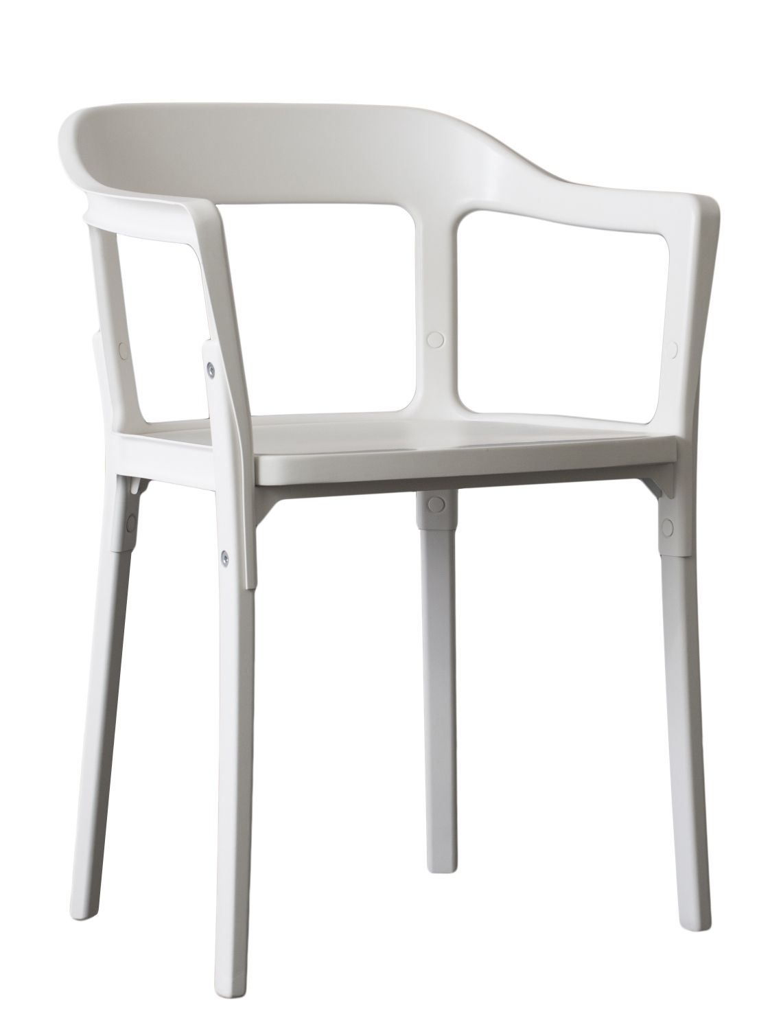 Weißer Steelwood Chair Stuhl von Magis mit Armlehnen, minimalistisches Design für Esszimmer und Wohnbereich.