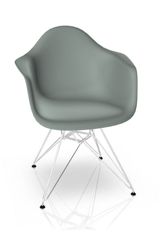 Hellgrauer Eames Plastic Arm Chair mit verchromtem Eiffel-Gestell von Vitra. Designklassiker für Wohnzimmer und Büro.