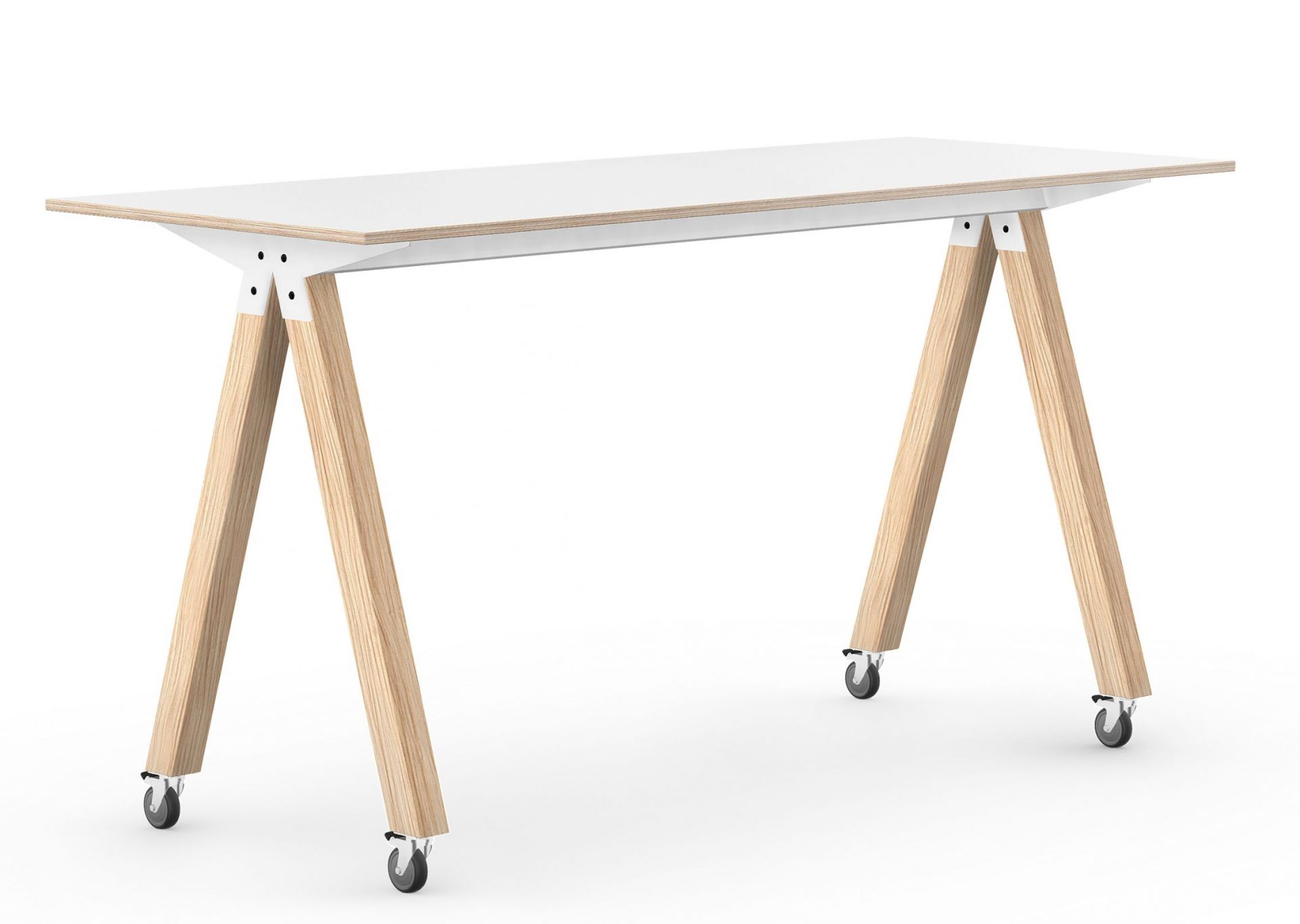 What if We Fly High Table XL von Interstuhl, Stehtisch mit weißer Platte und Holzfüßen.