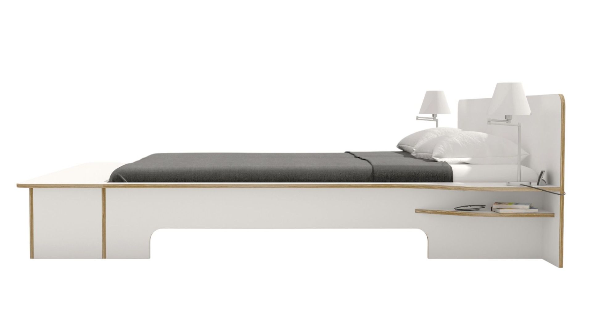 Plane Bett von Müller Möbelwerkstätten, weißes Doppelbett mit Nachttisch und Lampen, modernes Schlafzimmerdesign.