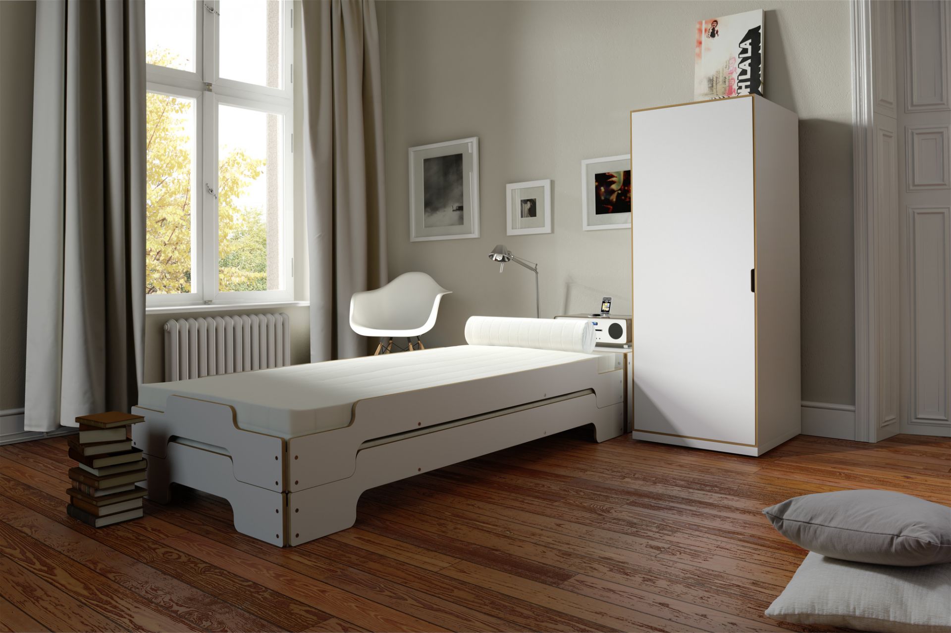 Schlafzimmer mit Müller Möbelwerkstätten Bett und 7-Zonen Kaltschaummatratze, Größe 210x100 cm.