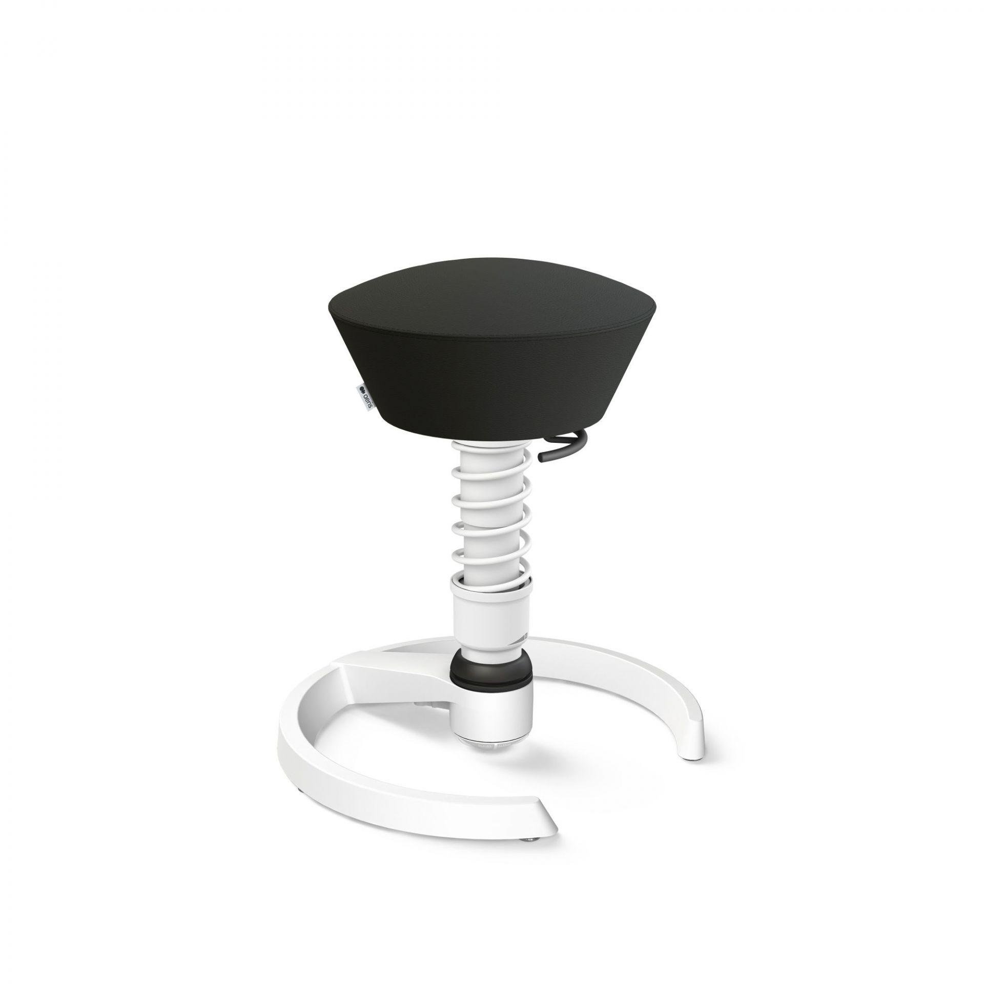 Schwarzer Aeris Swopper Bürostuhl mit weißem Federbein und Fußring, ergonomischer Hocker für dynamisches Sitzen.