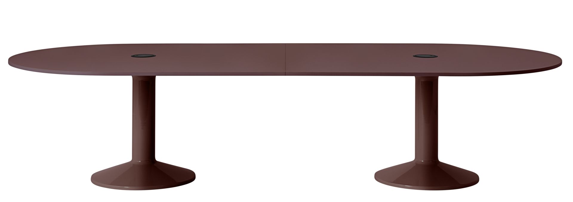 Muuto Midst Konferenztisch in Braun, oval, mit zwei Säulenfüßen und Kabeldurchlässen für moderne Büros.