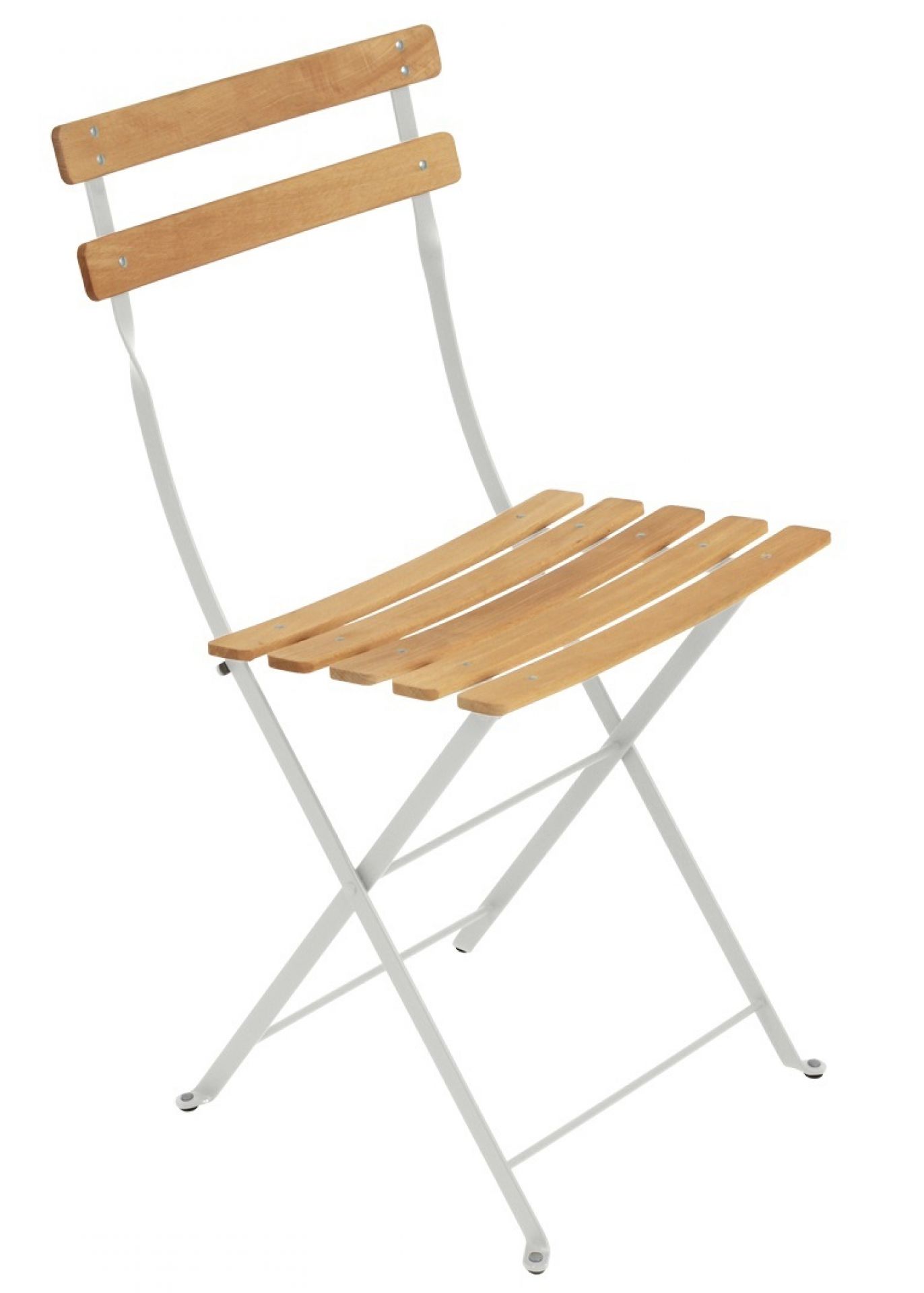 Bistro Gartenstuhl aus Holz und weißem Metall, klappbar für den Outdoor-Bereich.