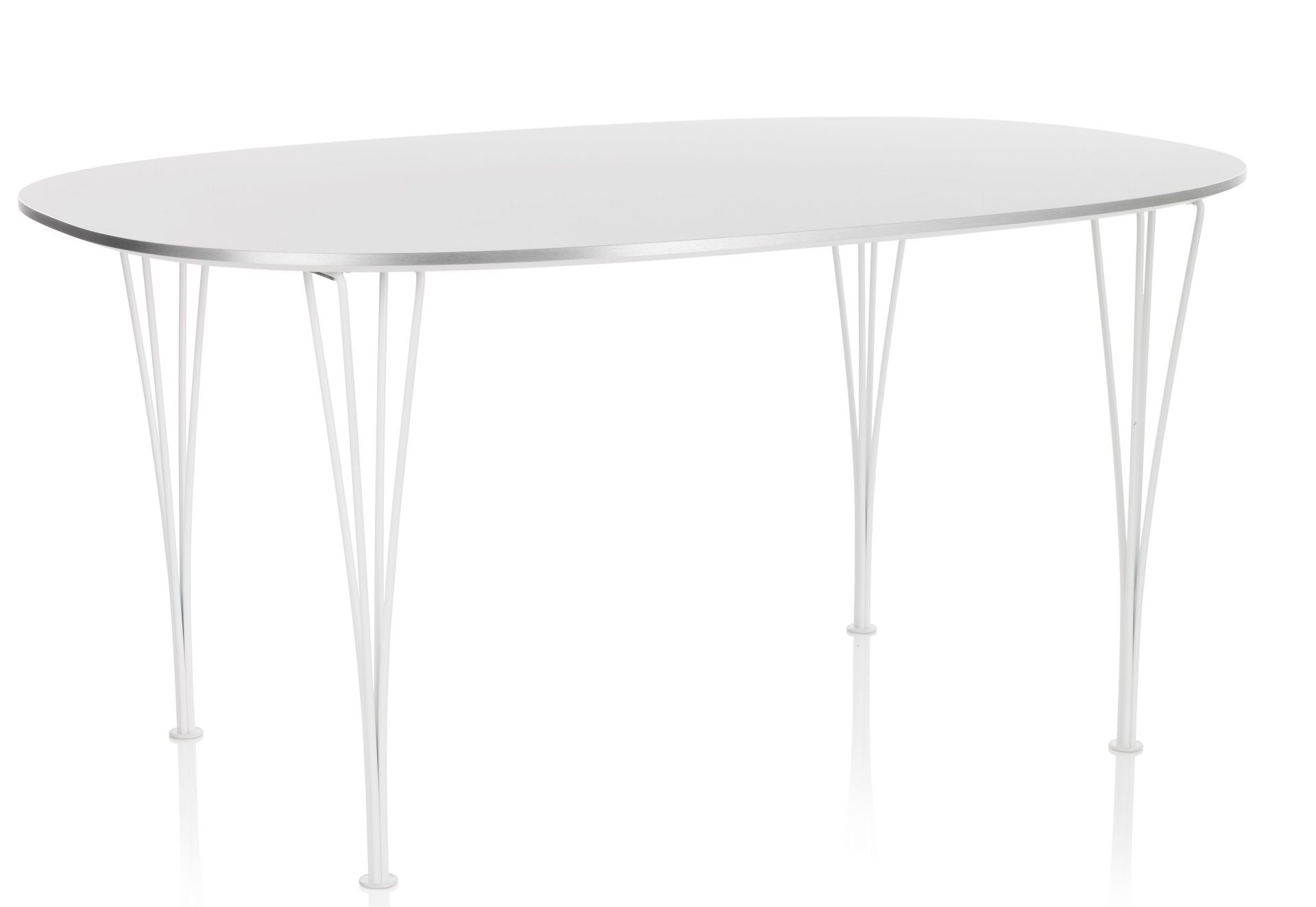 Weißer Super Elliptisch Tisch von Fritz Hansen mit ovaler Tischplatte und filigranem Stahlgestell.