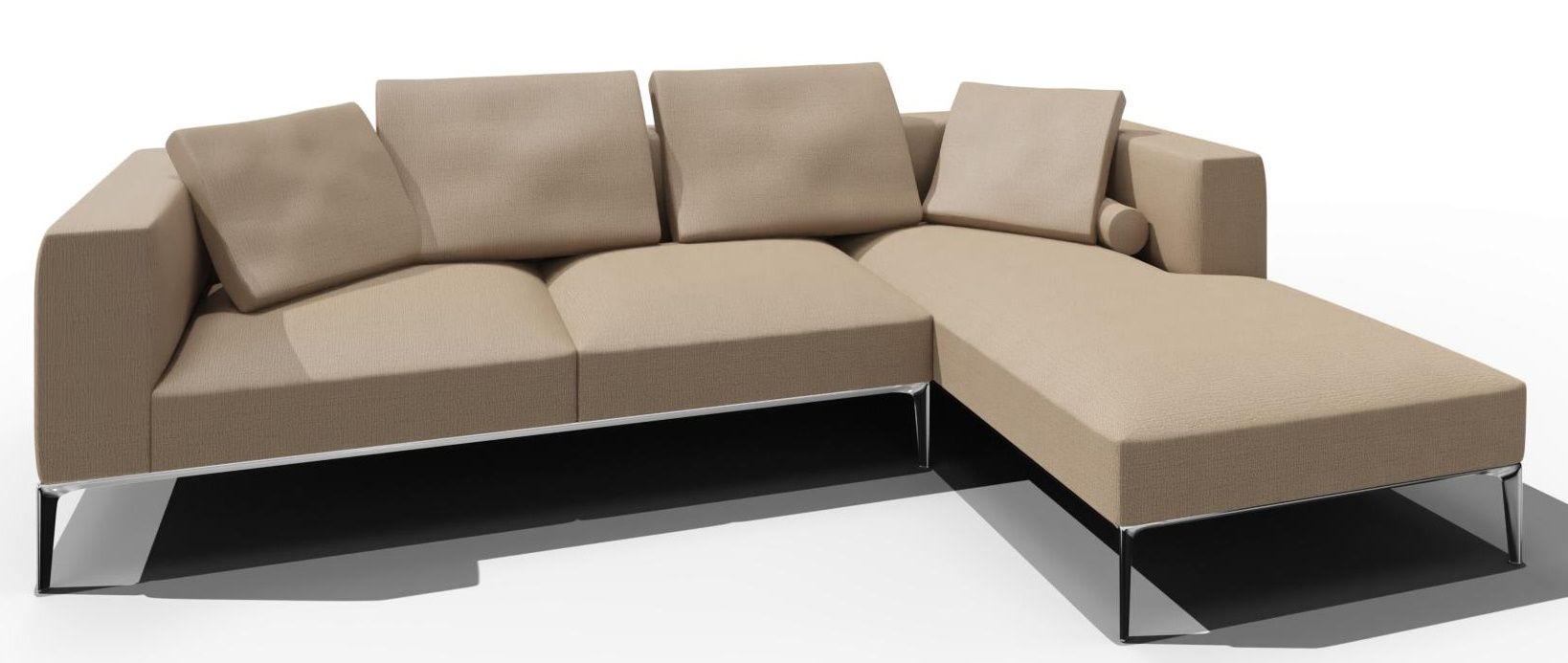 Beiges Jaan Living Sofa (Walter Knoll) mit Chaiselongue, Kissen und Chromfüßen. Modernes Wohnzimmer Design.