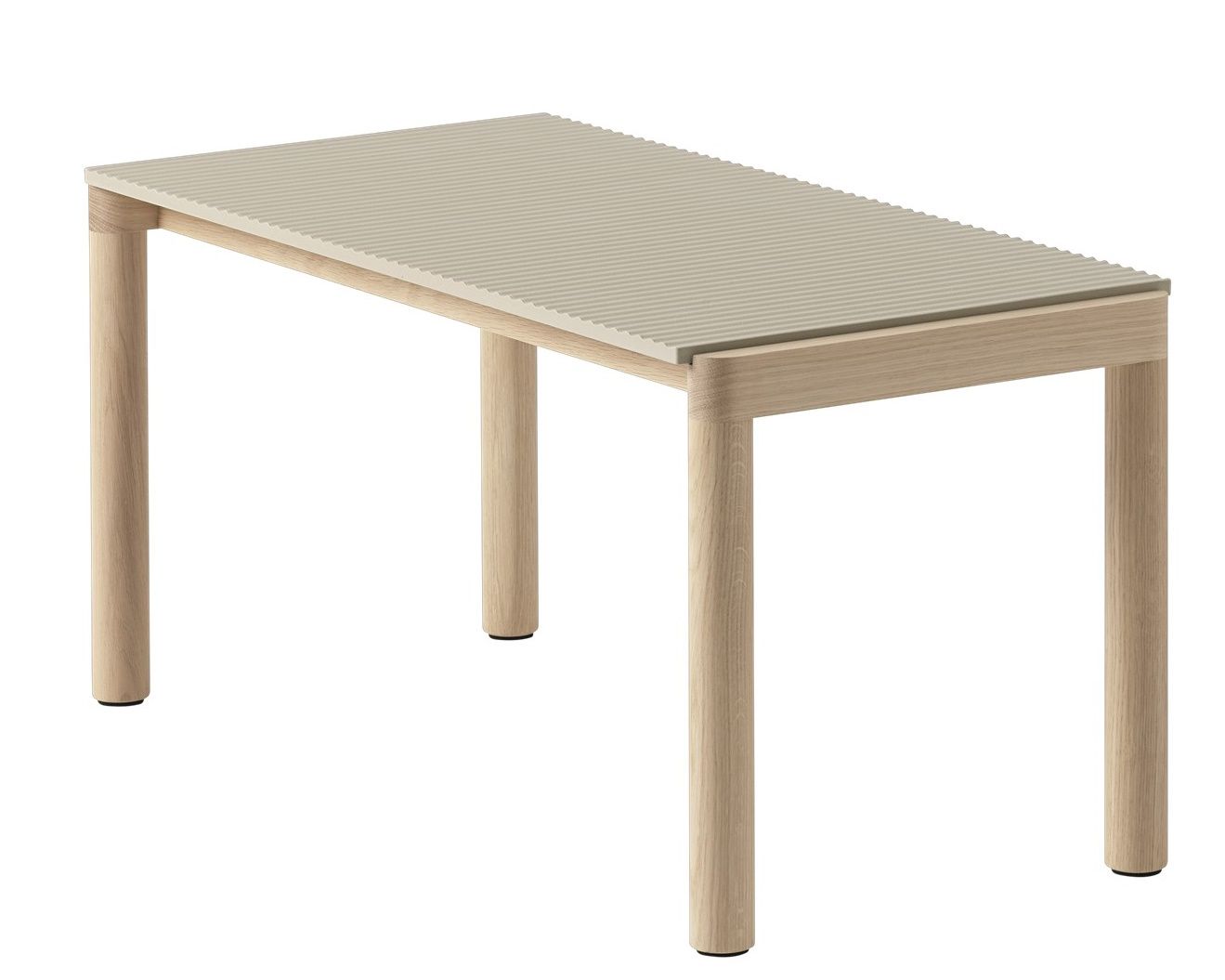 Muuto Couple Coffee Table Couchtisch mit geriffelter Tischplatte und hellem Holzgestell, modernes Möbeldesign.