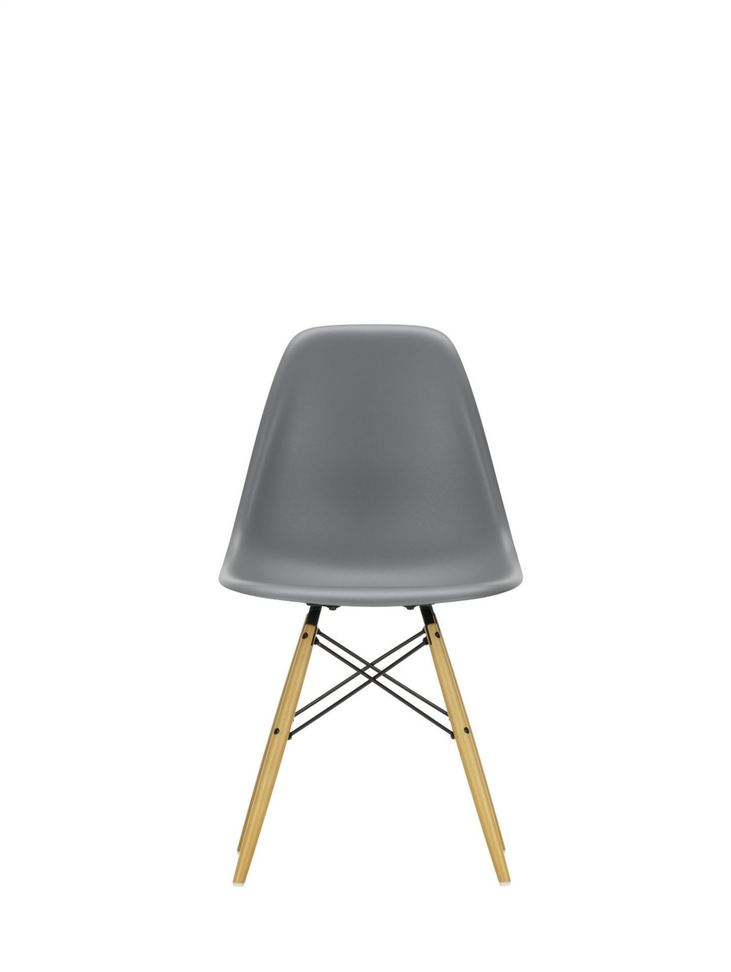 Grauer Eames DSW Stuhl mit Ahorn-Holzbeinen und schwarzem Gestell von Vitra. Designklassiker für Wohnen und Büro.