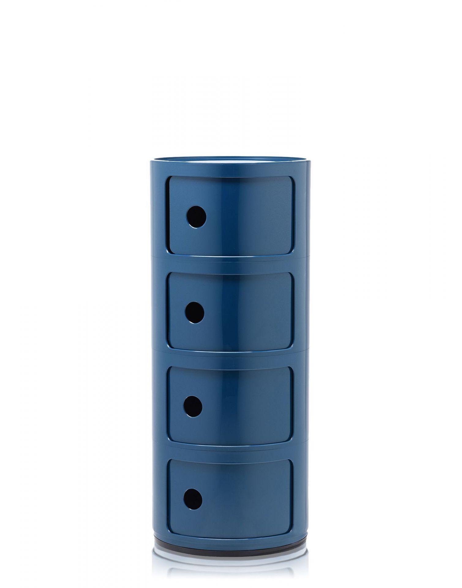 Blauer Componibili Aufbewahrungsturm mit vier Elementen von Kartell, modernes Design für Wohnzimmer und Büro.