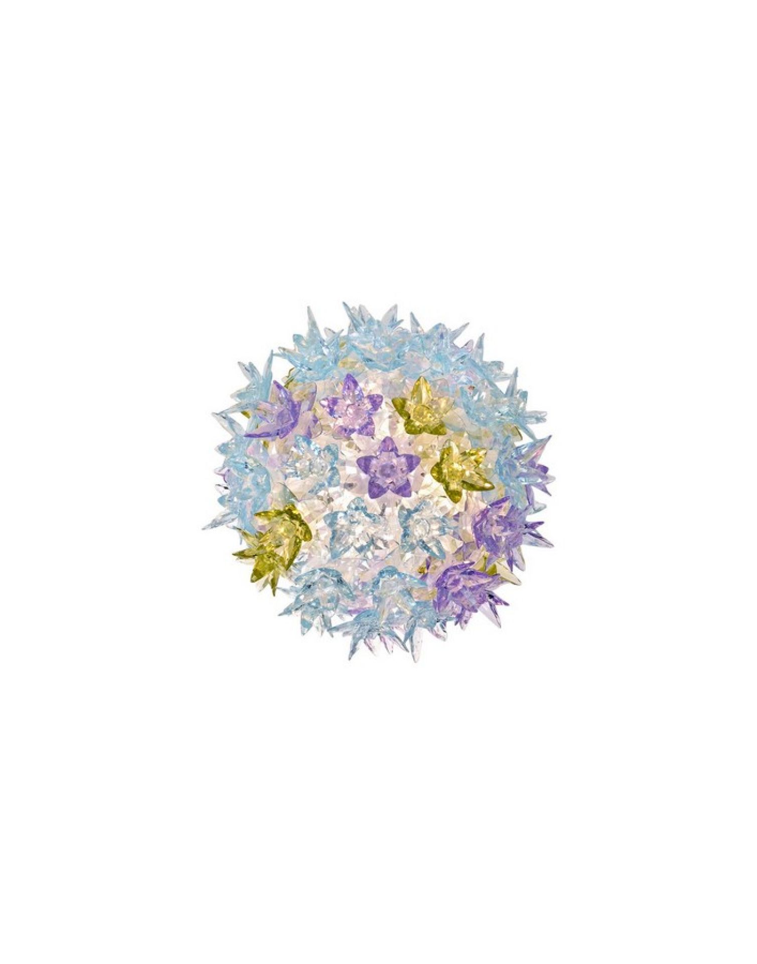 Kartell Bloom Leuchte: Runde Deckenleuchte mit blauen, lilafarbenen und gelben Blüten aus Kunststoff.