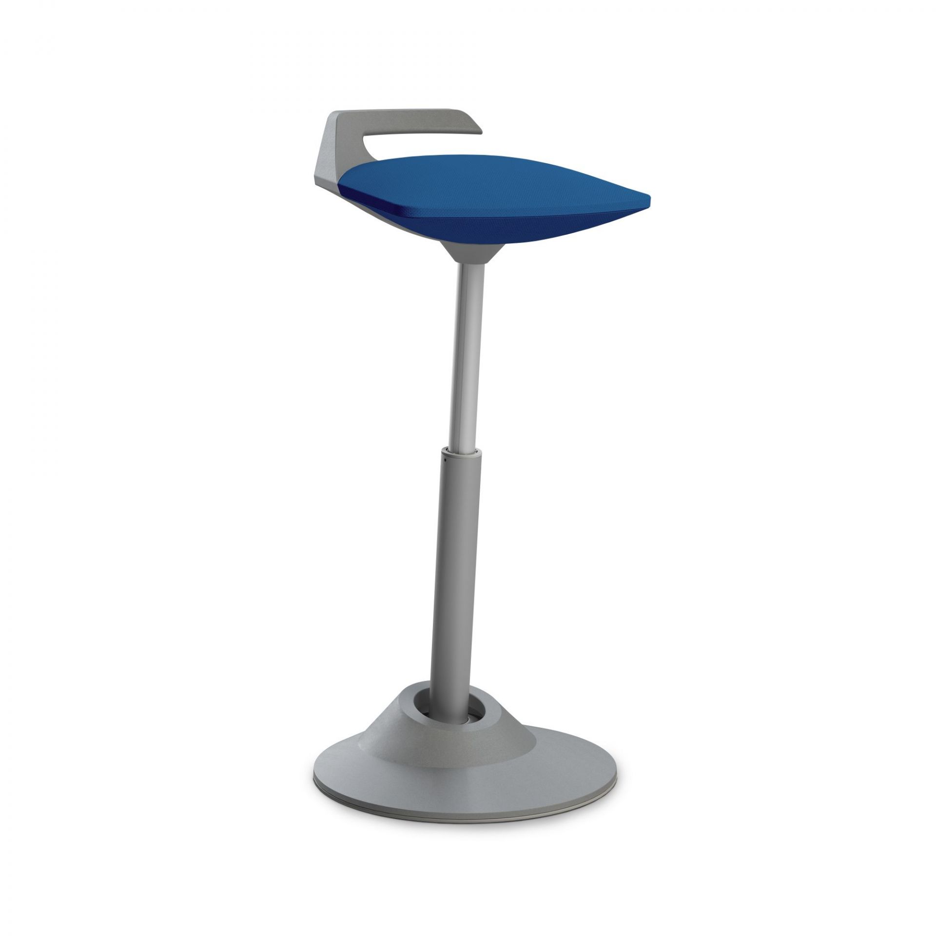 Blauer Steh-Sitzhocker für ergonomisches Arbeiten im Büro, höhenverstellbar und mit grauem Fuß.