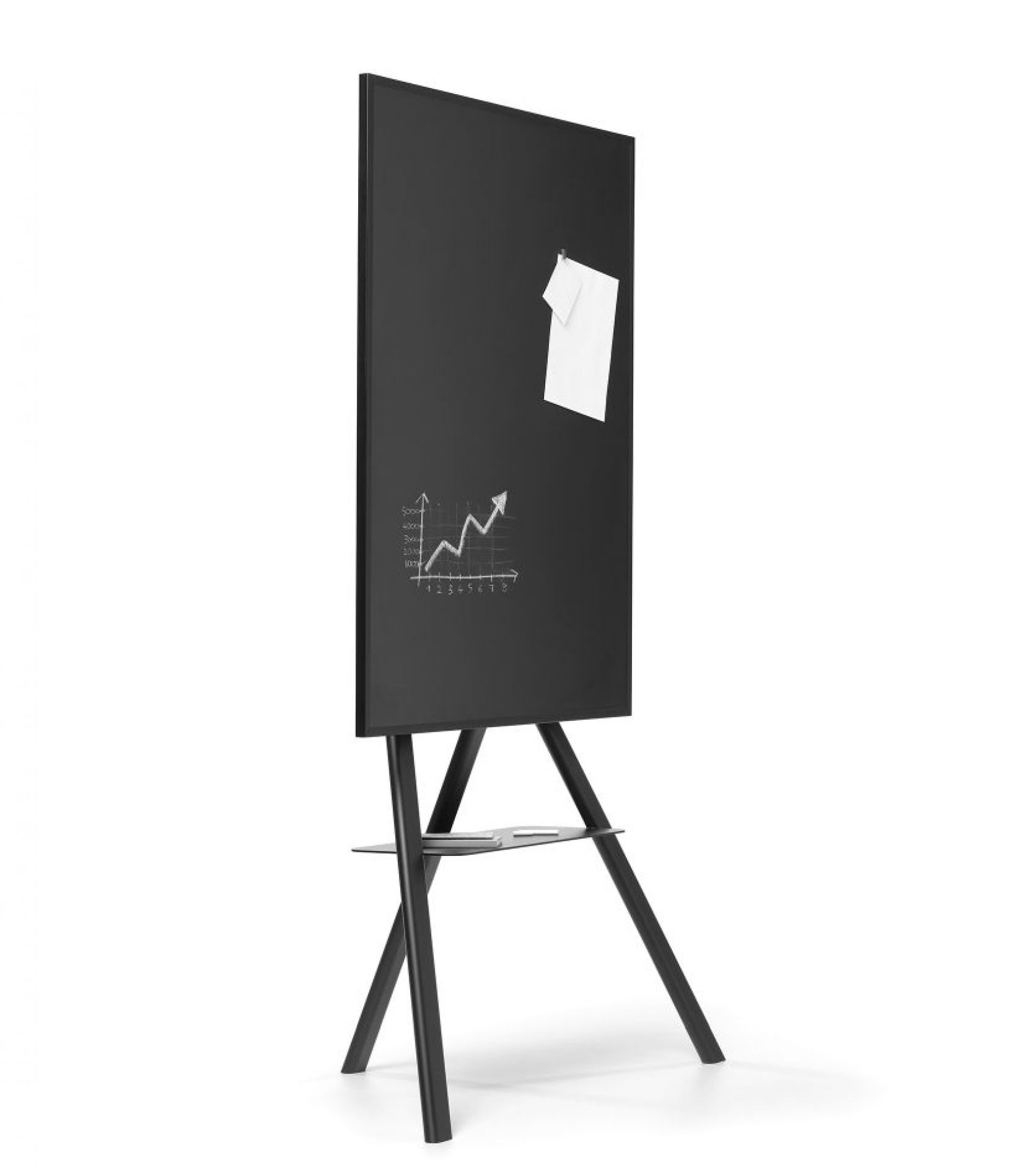 Cartesio Blackboard von Opinion Ciatti: Schwarze, freistehende Tafel mit Diagramm und Notiz. Multimediaständer.