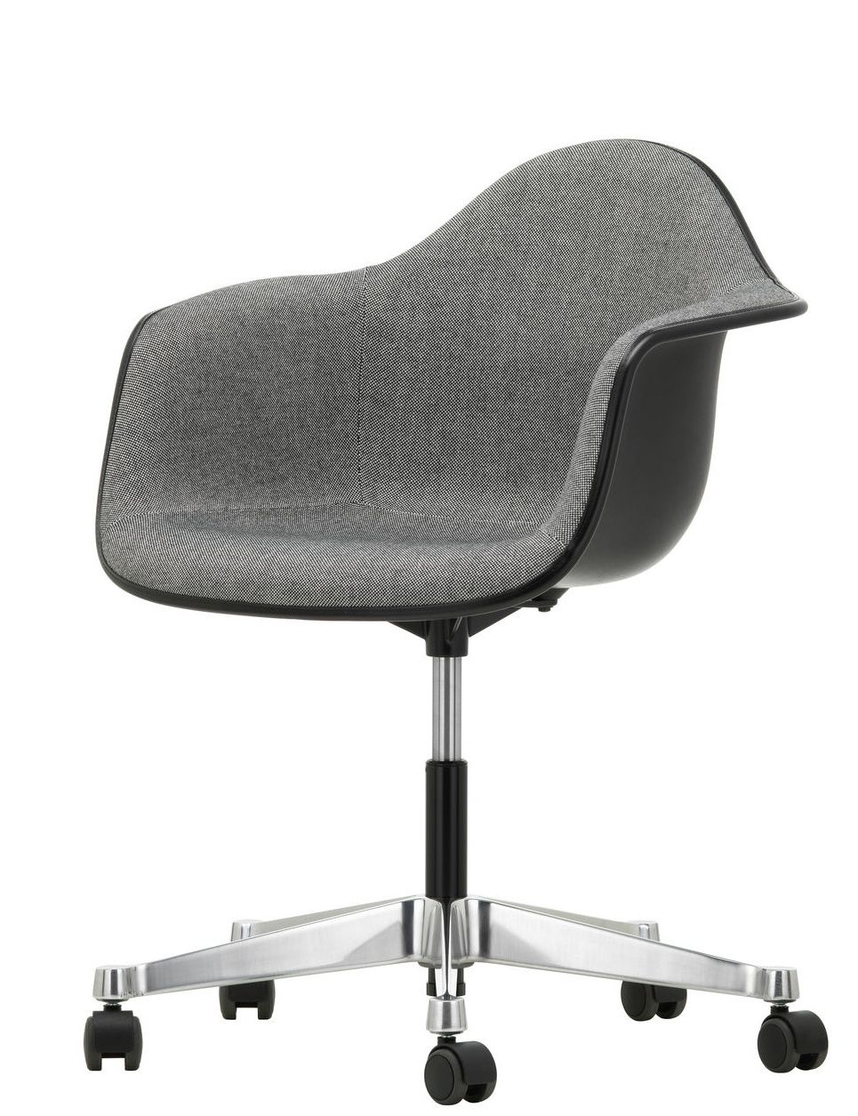 Vitra Eames Plastic Arm Chair PACC, vollgepolstert, grauer Stoffbezug, schwarze Sitzschale, Aluminiumfußkreuz mit Rollen.