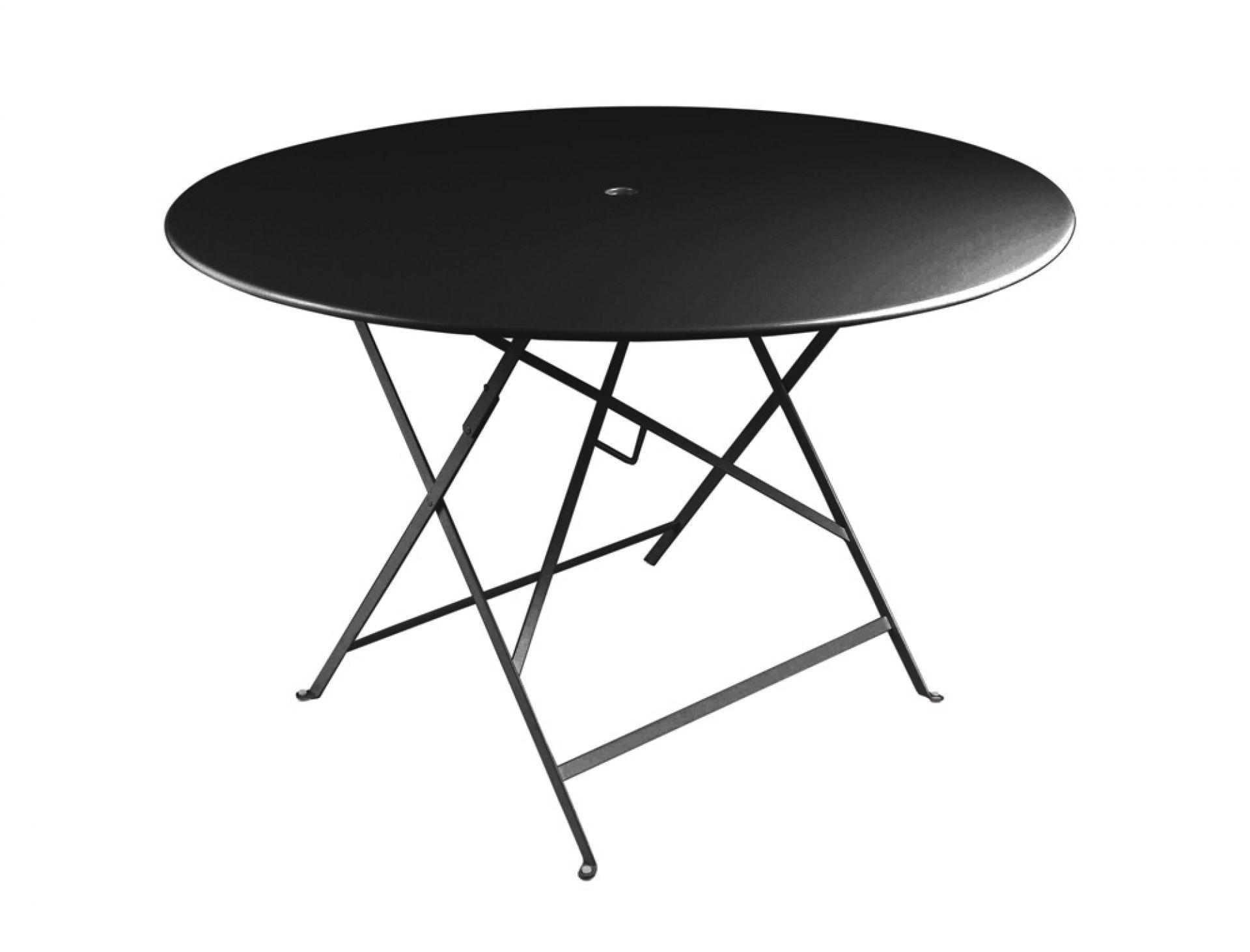 Schwarzer, runder Fermob Bistro Klapptisch für den Außenbereich, ideal für Garten, Balkon und Terrasse.