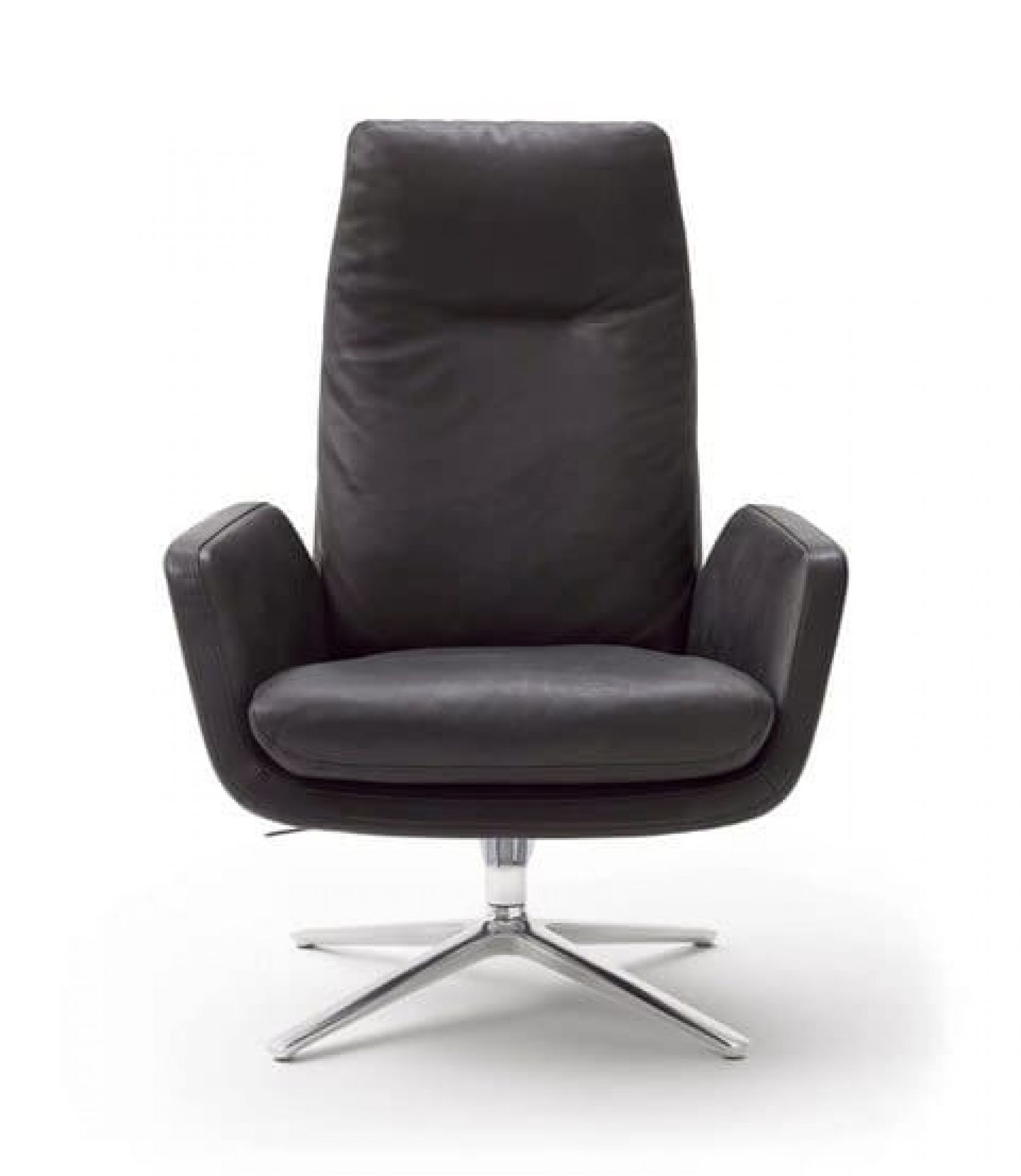 Schwarzer Cordia Drehsessel mit mittelhohem Rücken und Chromfuß, moderner Ledersessel für Wohnzimmer oder Büro.