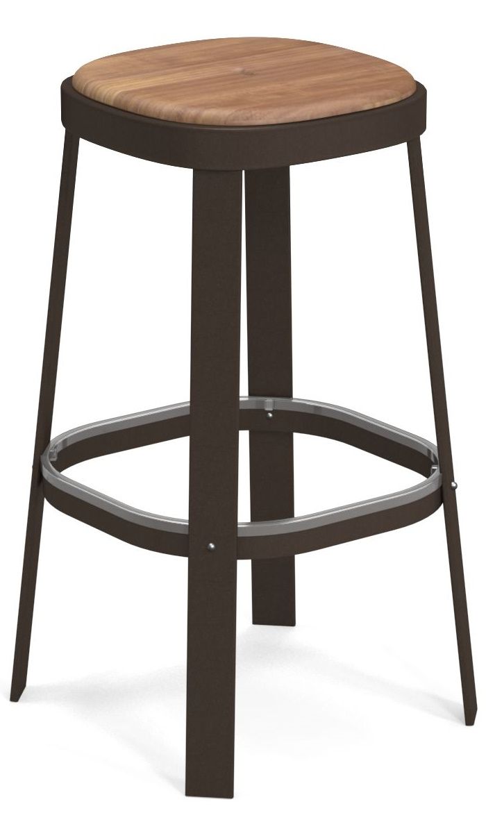 Thor Barstool Barhocker Outdoor Emu mit Holz-Sitzfläche und braunem Metallgestell für den Garten.