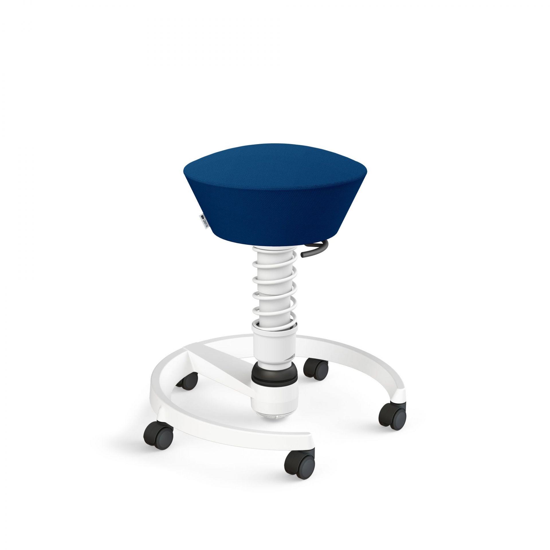 Aeris Swopper Bürostuhl mit blauer Sitzfläche und weißem Fußkreuz auf Rollen, ergonomisch.