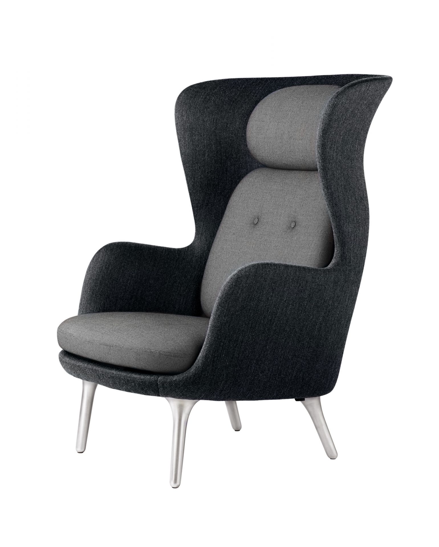Ro Sessel von Fritz Hansen mit Aluminiumfuß, grauer Polsterung und hoher Rückenlehne. Design Sessel.