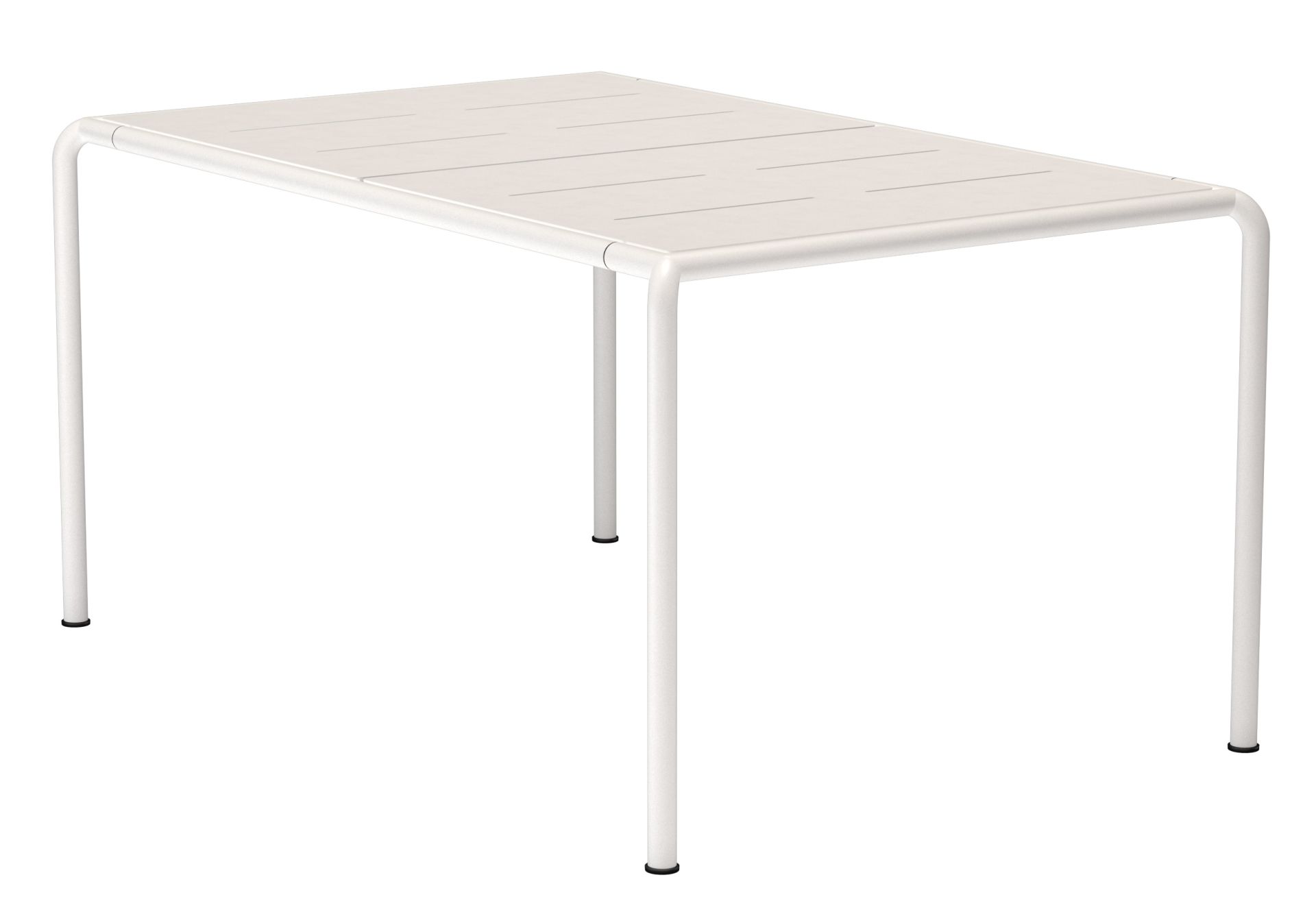 Avanti Esstisch von Houe, ein moderner Outdoor Tisch mit weißem Aluminiumgestell und Lamellen.