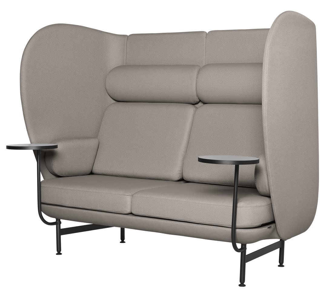 JH1002 Plenum Sofa von Fritz Hansen, 2-Sitzer in Grau mit hohen Seitenwänden und Tischen.