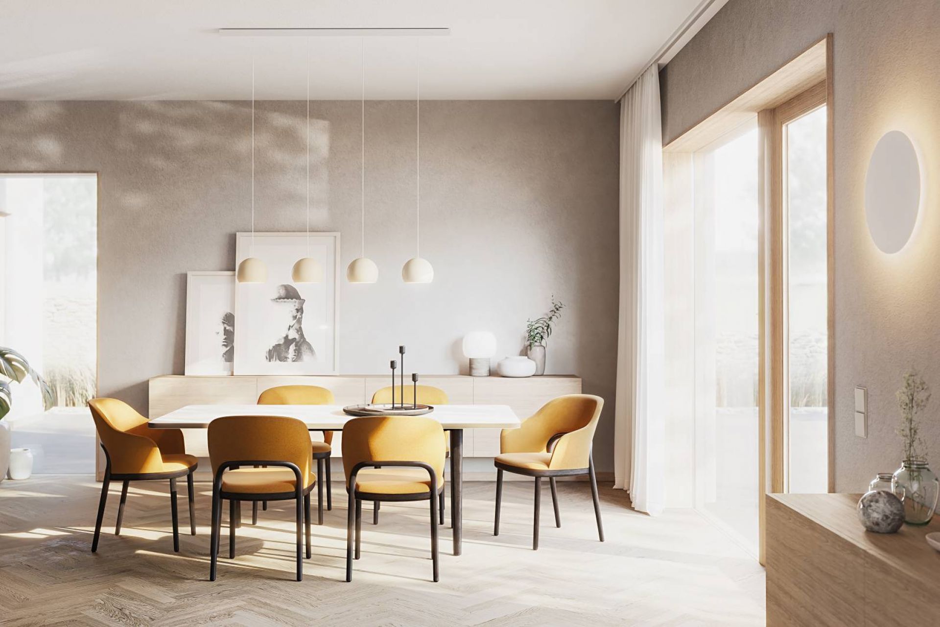 Esszimmer mit Esstisch und sechs gelben Thonet 520 PF Polsterstühlen mit schwarzen Beinen.