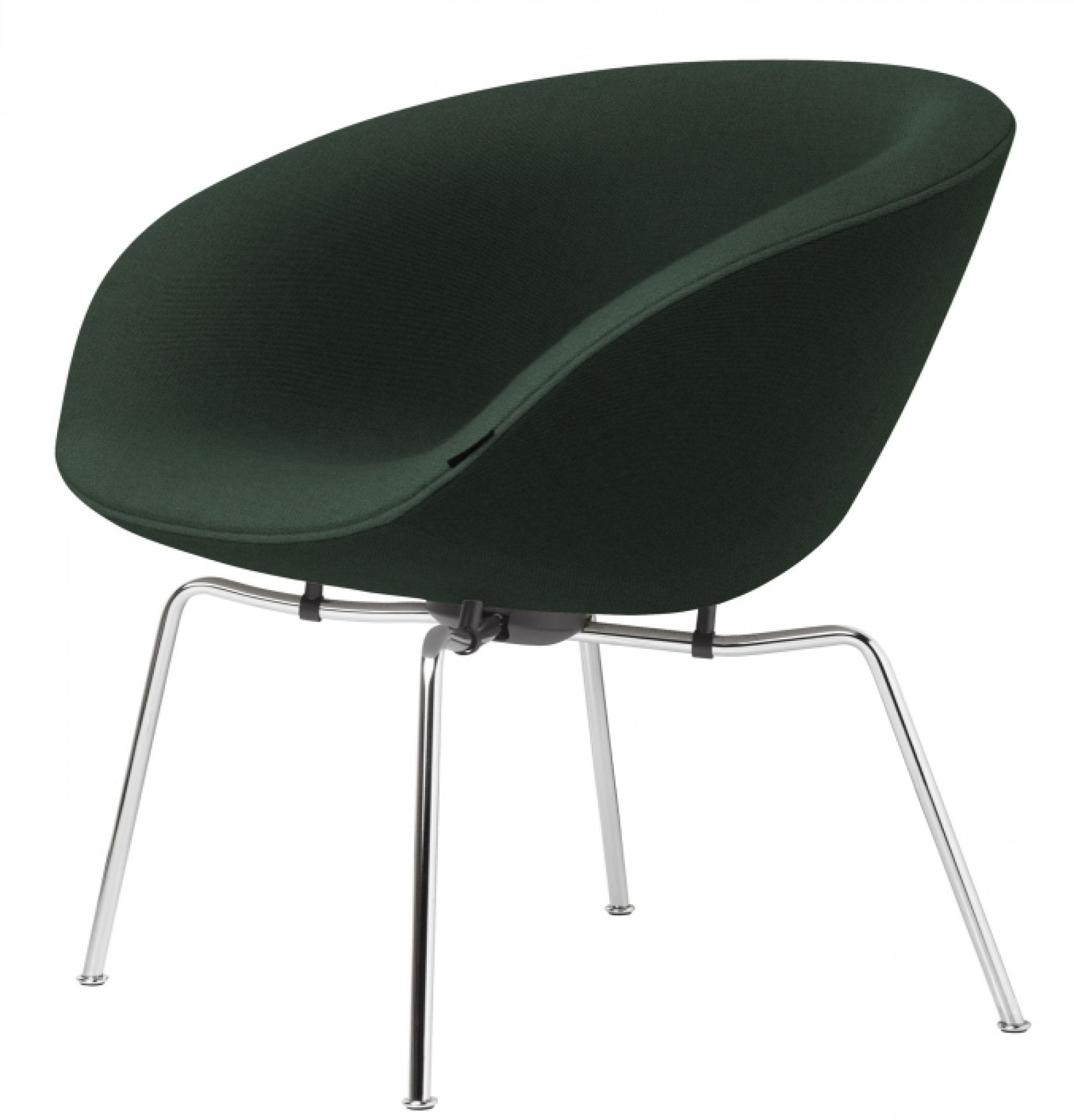 Dunkelgrüner Pot Sessel von Fritz Hansen mit verchromtem Stahlfuß, moderner Design Sessel für Wohnzimmer.