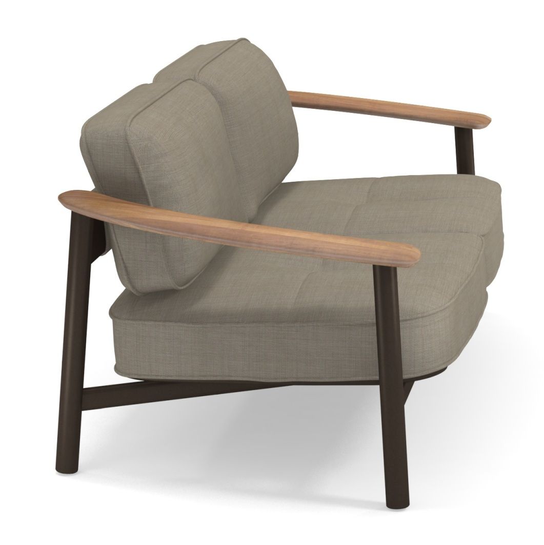 Emu Twins Sofa Outdoor, modernes Gartensofa mit Armlehnen aus Holz und braunem Gestell.