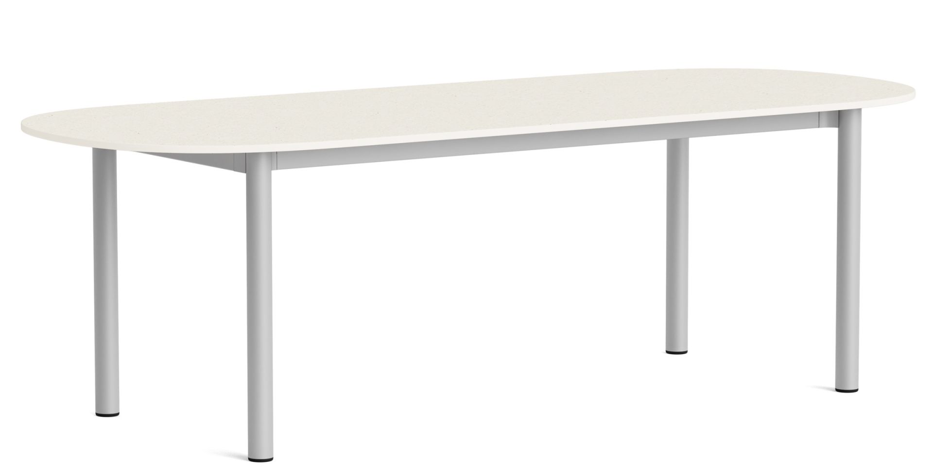 Annex Table von Hay, ovaler Esstisch mit heller Tischplatte und silbernen Beinen, modernes Design.