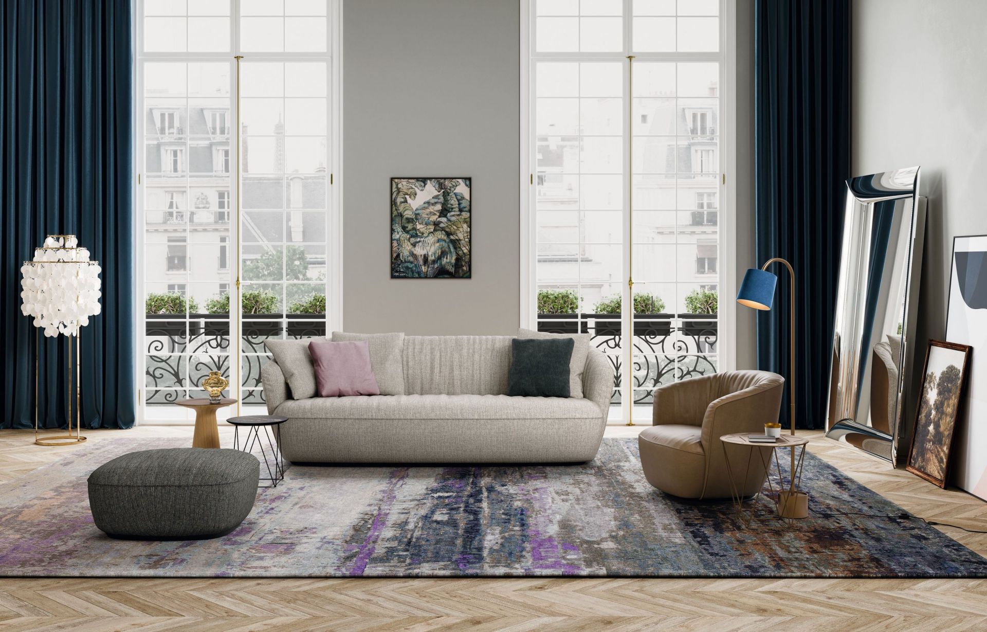 Heller Ishino Sessel von Walter Knoll in modernem Wohnzimmer mit Sofa und Teppich.