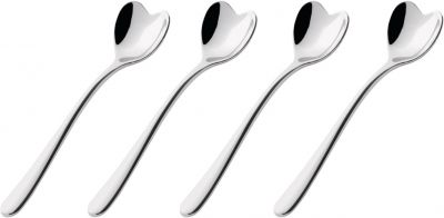 Vier silberne AMMI08 Herz Moccalöffel von Alessi, perfekt für Kaffee und Dessert.