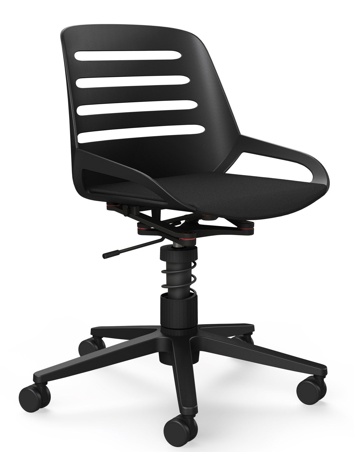 Schwarzer Numo Task Bürodrehstuhl von Aeris mit Rollen und Federbein, ergonomischer Arbeitsstuhl für das Büro.